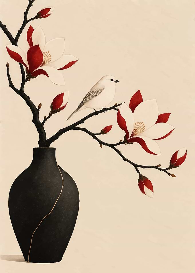 Kintsugi Vase with Magnolia and Bird