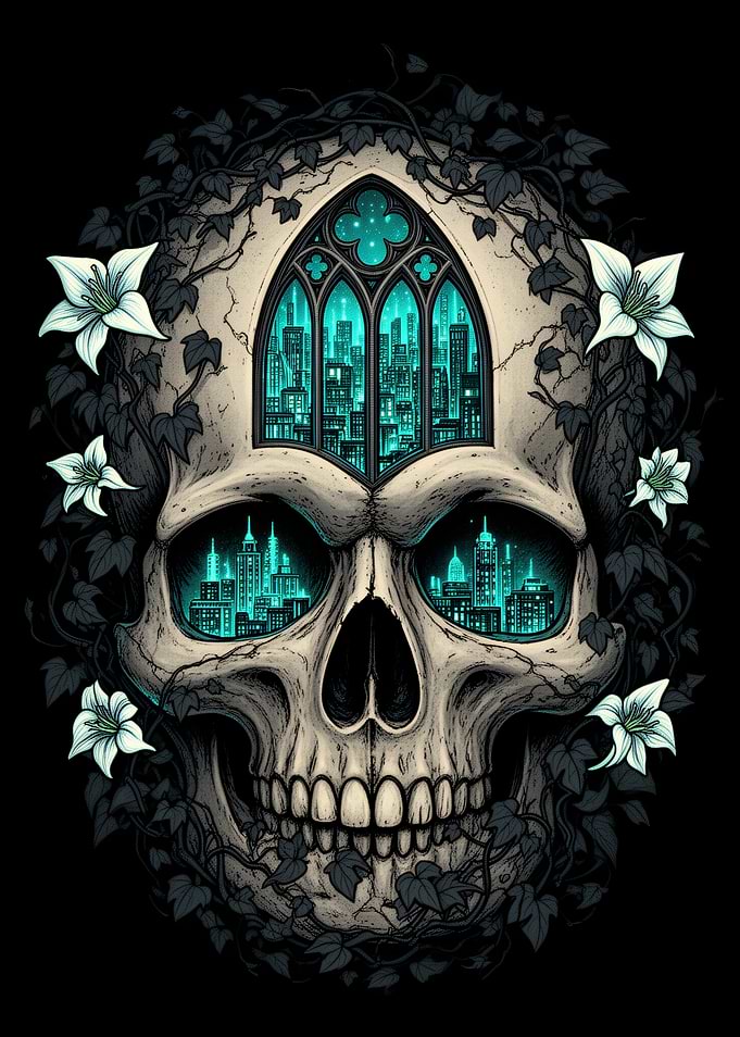 Gothic Skull Cityscape with Lilies