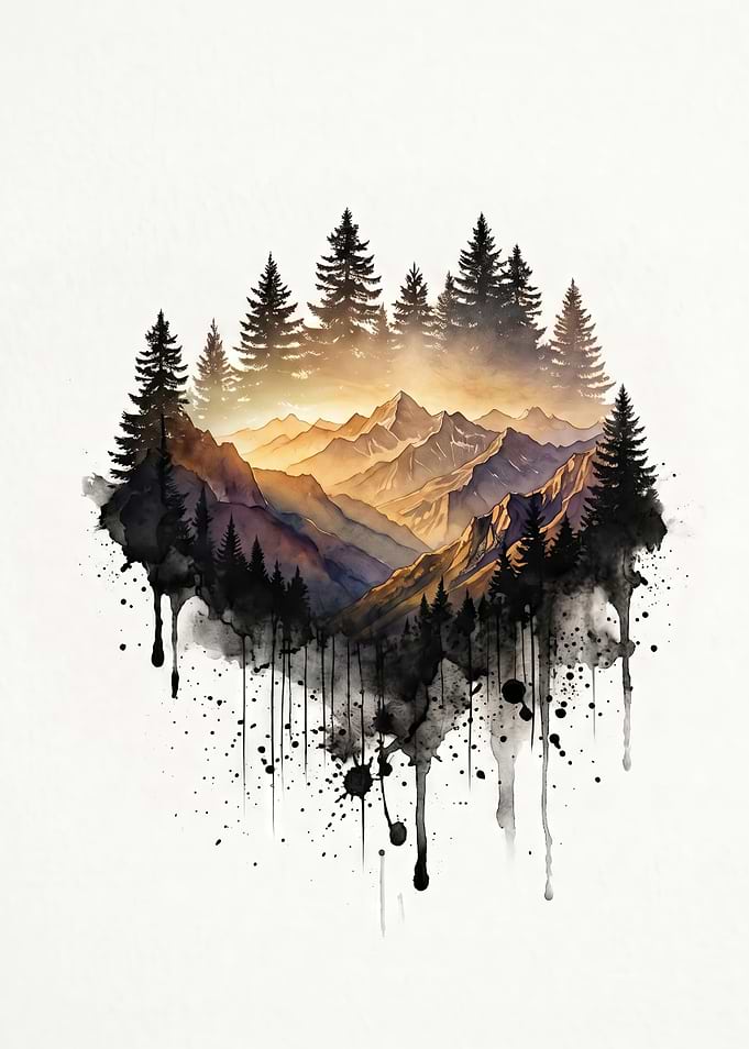 Watercolor Mountain and Pine Forest Landscape