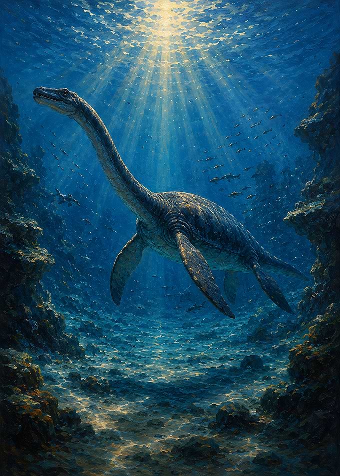 Plesiosaur Swimming in Deep Ocean