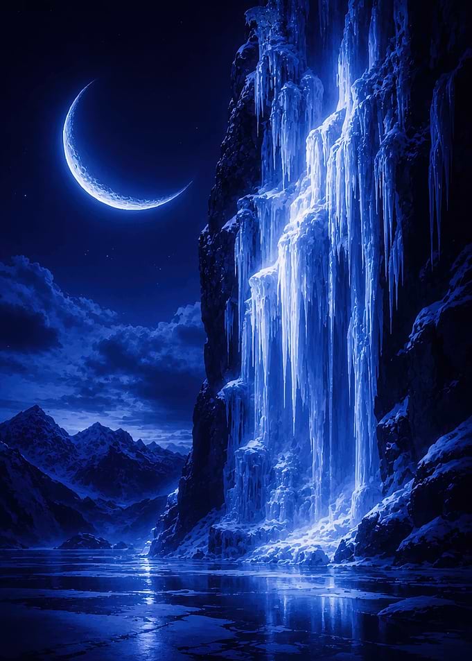 Frozen Waterfall Under Crescent Moon