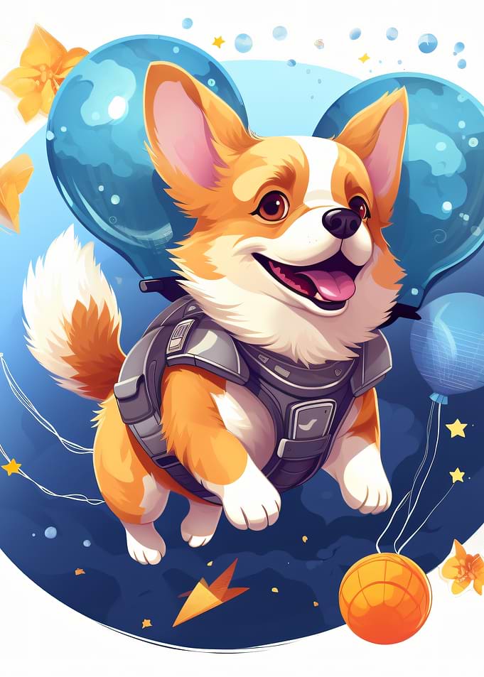 Cute Corgi Astronaut Floating with Balloons