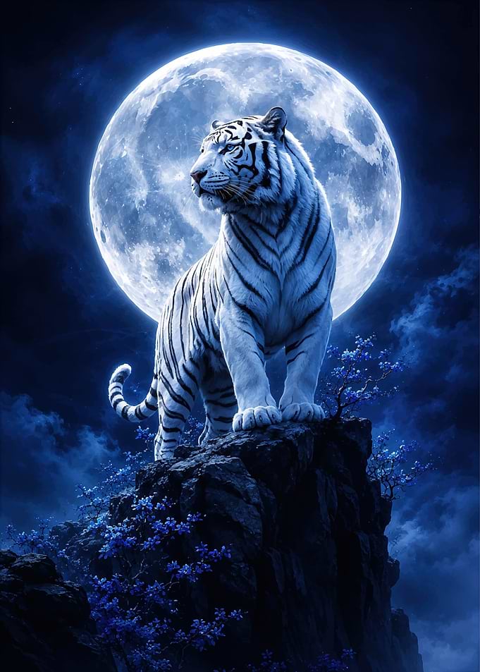 Majestic White Tiger Under Full Moon