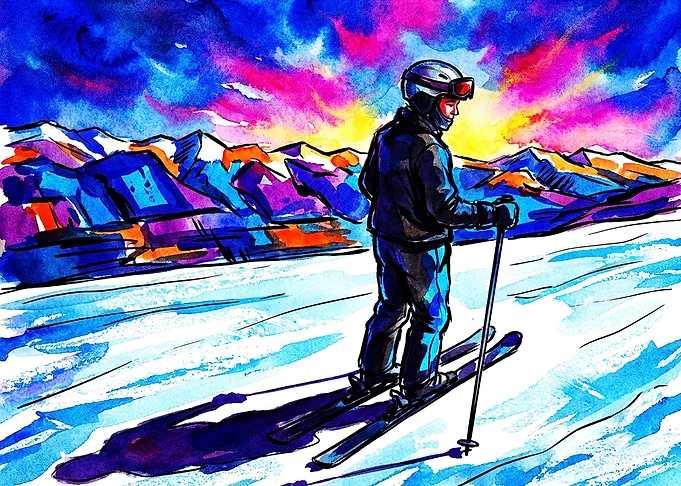 Vibrant Watercolor Skier on Mountain Slope