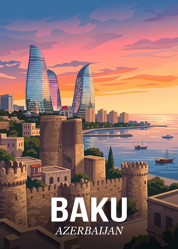 Baku Azerbaijan Travel Poster