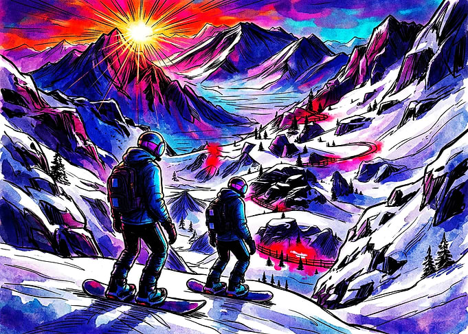Snowboarders Overlooking Vibrant Mountain Sunset