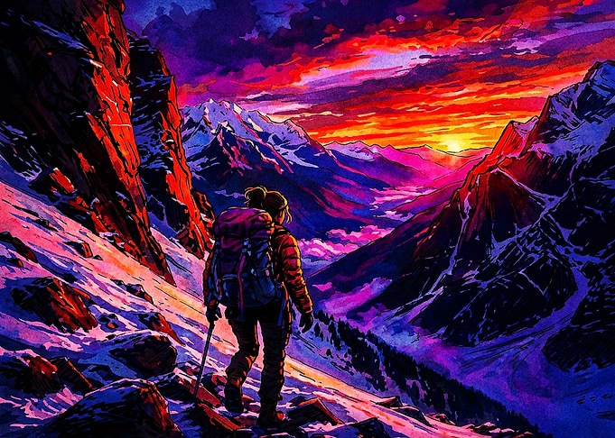 Hiker Exploring Vibrant Mountain Sunset