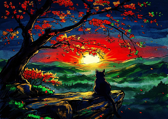 Black Cat Watching Sunset Over Mountains