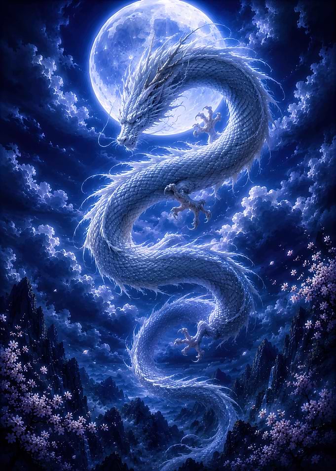 Majestic White Dragon Under Full Moon