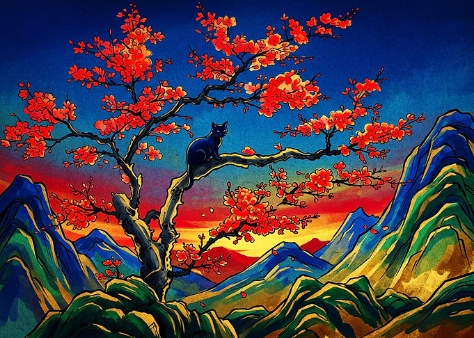 Black Cat in Cherry Blossom Tree