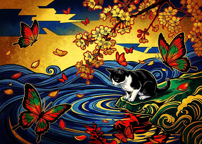 Cat and Butterflies Japanese Art
