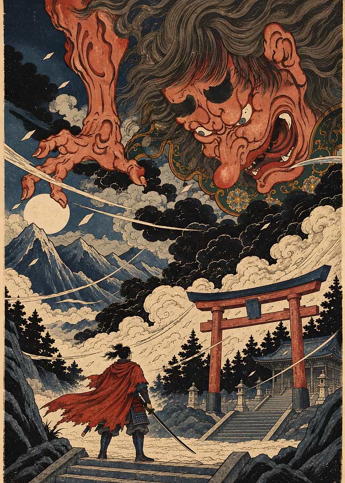 Samurai Beneath the Giant Tengu