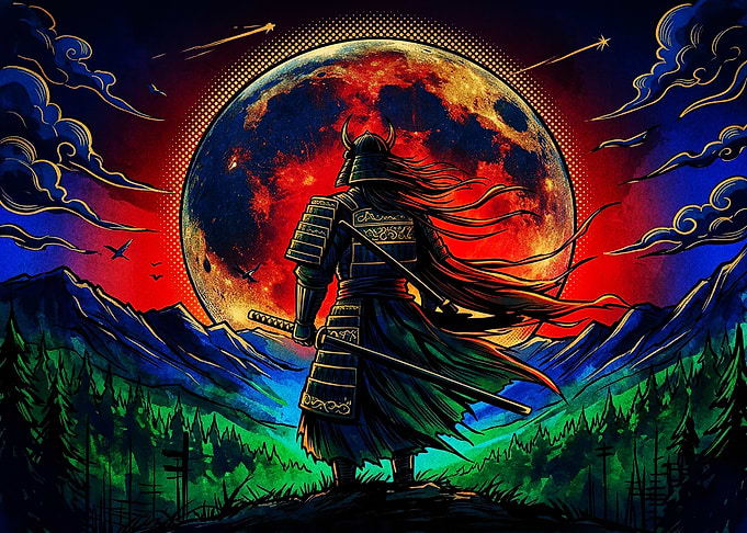 Samurai Standing Before Blood Moon