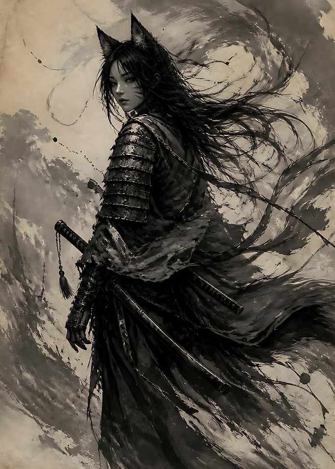 Cat-Eared Samurai Warrior in Ink Wash
