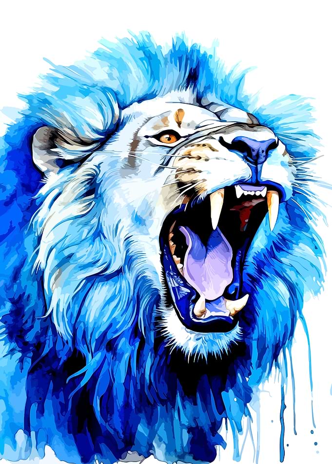 Blue Watercolor Roaring Lion Portrait