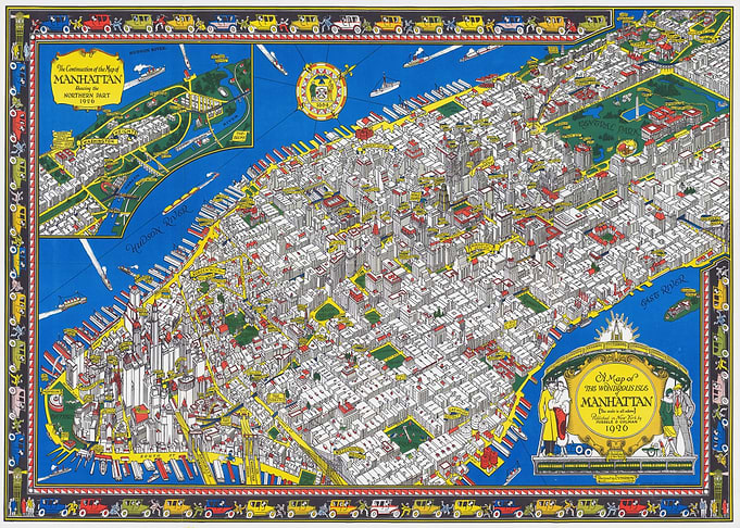 1926 Vintage Pictorial Map of Manhattan