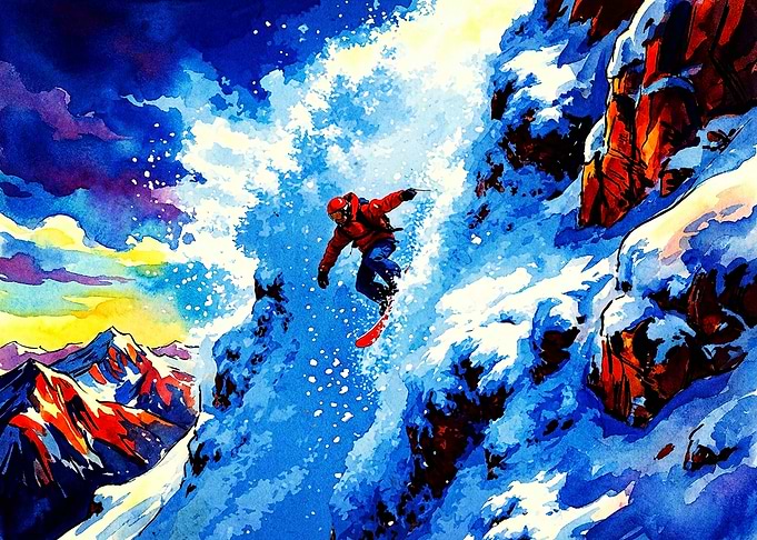 Snowboarder Carving Down Snowy Mountain