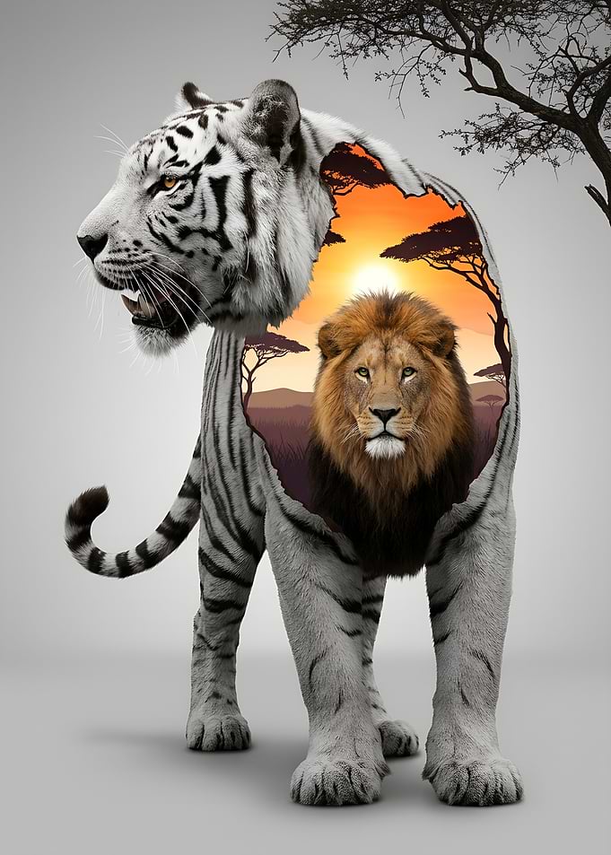 Double Exposure Tiger and Lion Art
