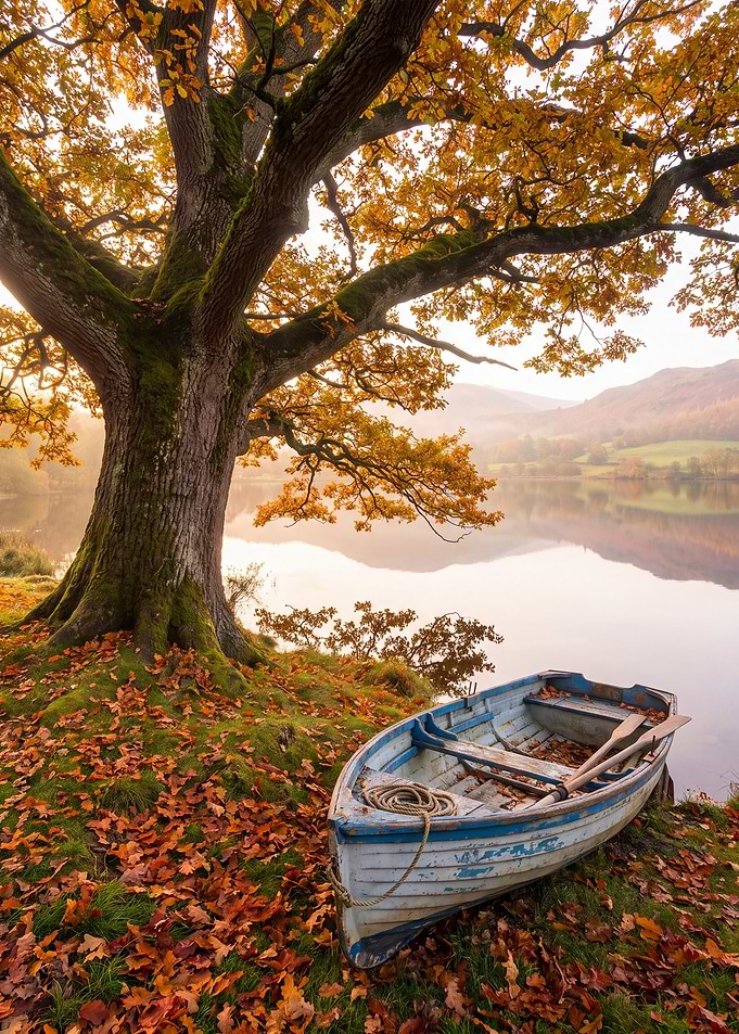 Autumnal Lake Scene with Old Boat