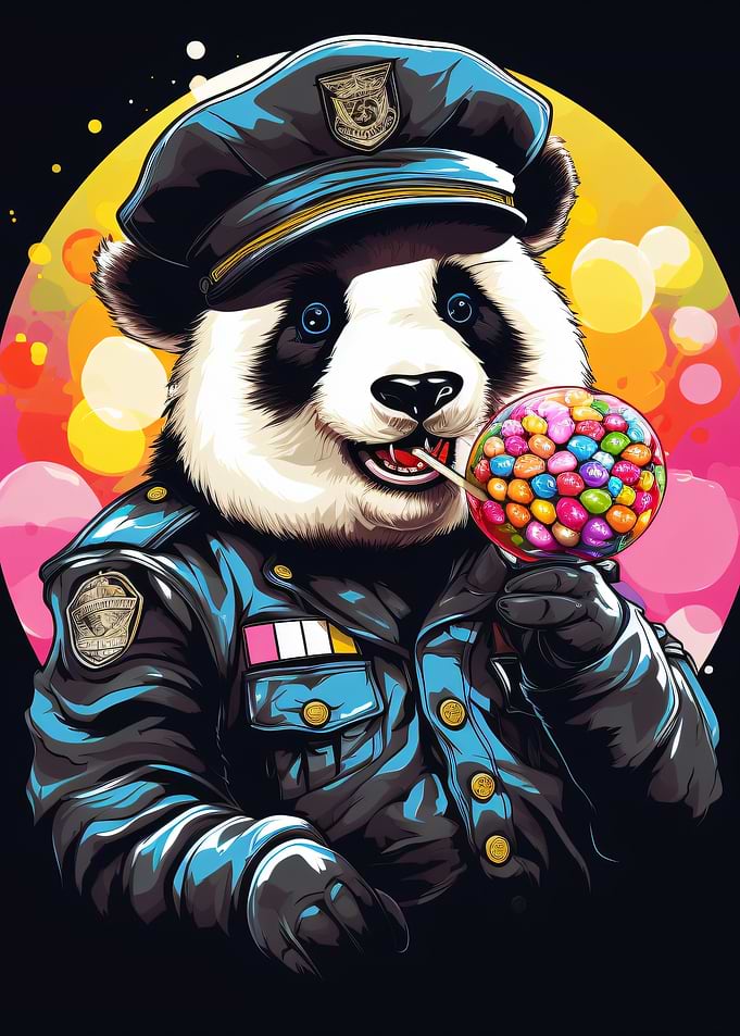 Panda Police Officer Eating Lollipop