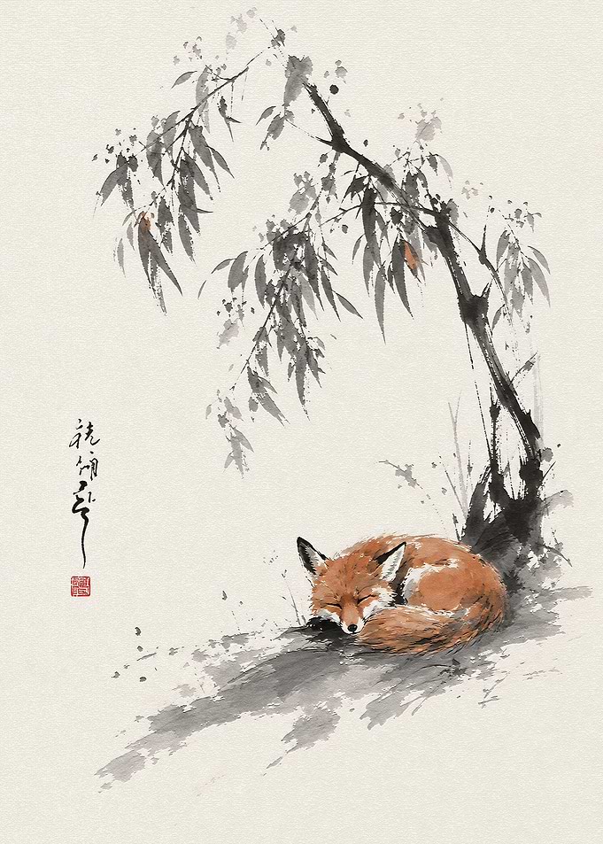 Sleeping Fox Under Willow Tree