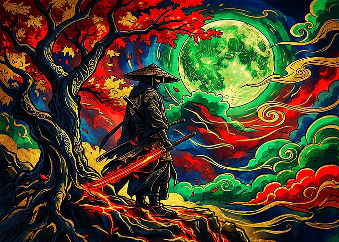 Samurai Under a Glowing Moon