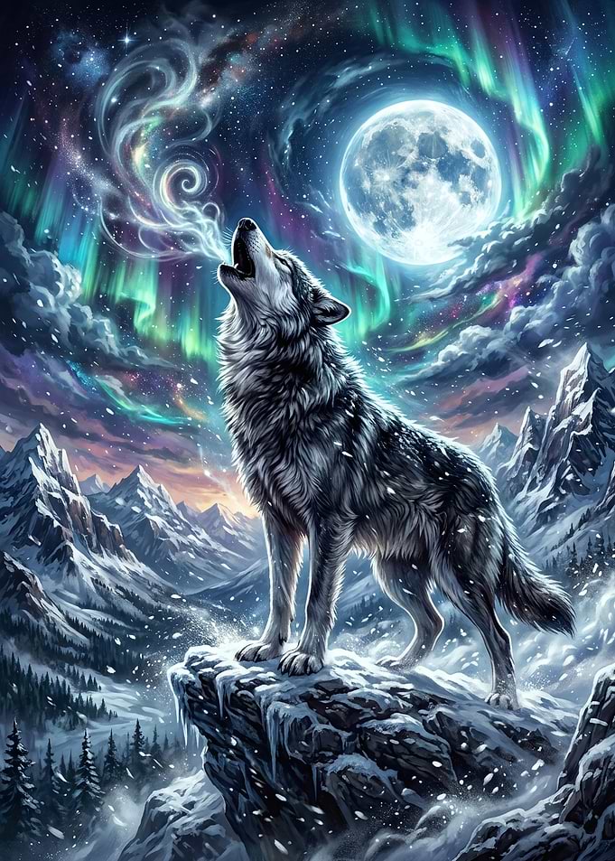 Wolf Howling Under Northern Lights