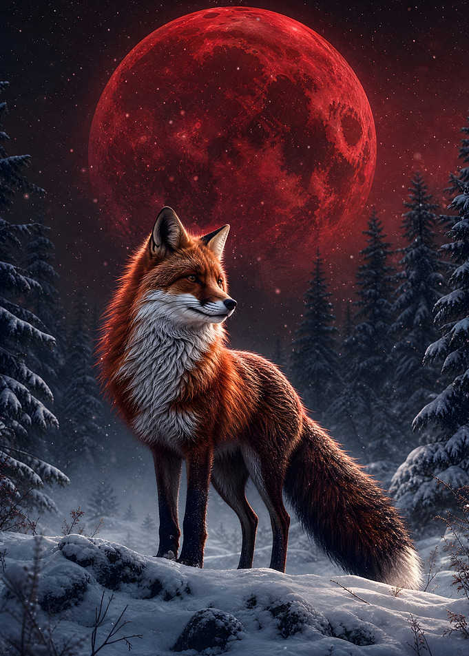 Red Fox Under Blood Moon
