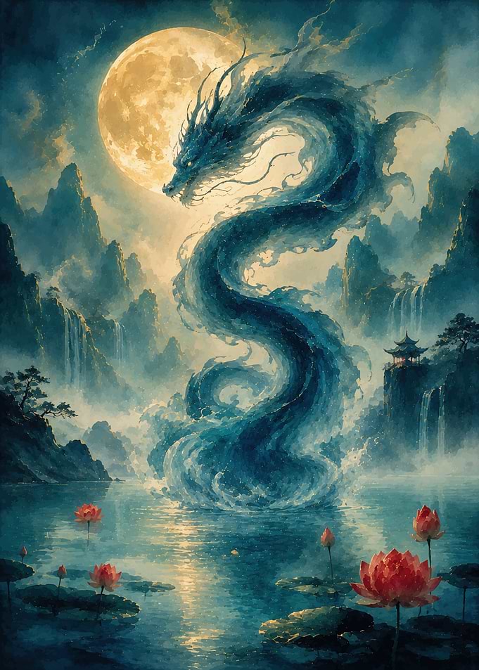 Majestic Blue Dragon Over Moonlit Lake