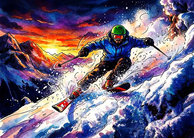 Dynamic Watercolor Skier on Mountain Slope