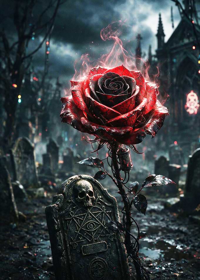 Gothic Red Rose on Tombstone