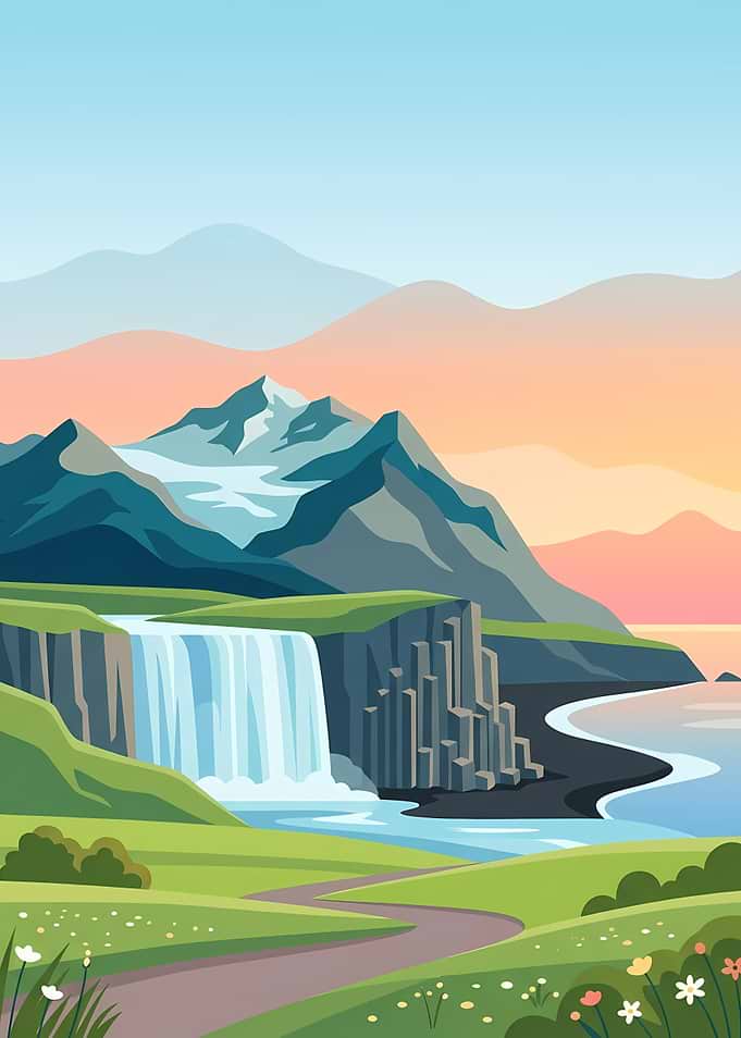 Scenic Waterfall and Mountain Landscape
