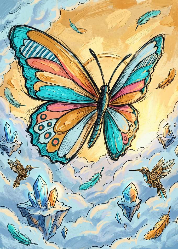 Whimsical Butterfly and Hummingbirds Fantasy Art