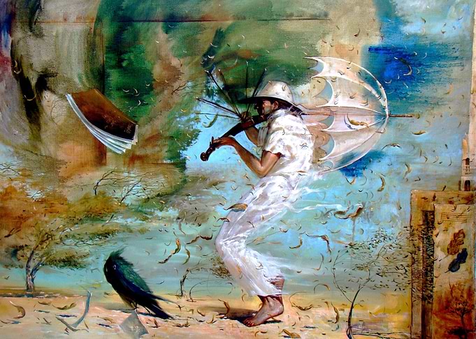 Surreal Violinist in a Windstorm
