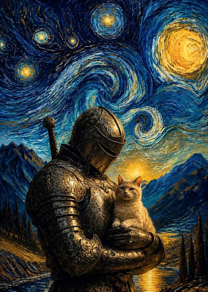 Knight Holding Cat Starry Night