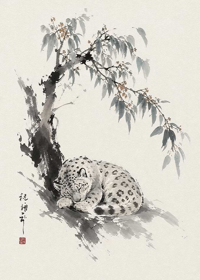 Sleeping Snow Leopard Ink Wash Painting