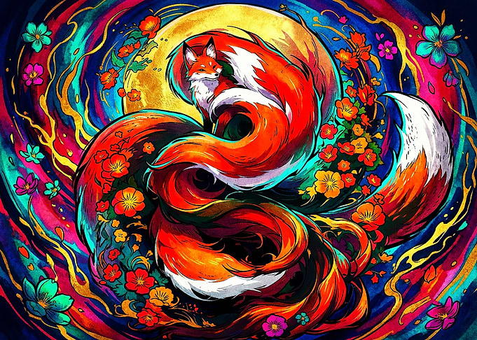 Vibrant Kitsune Nine-Tailed Fox Art