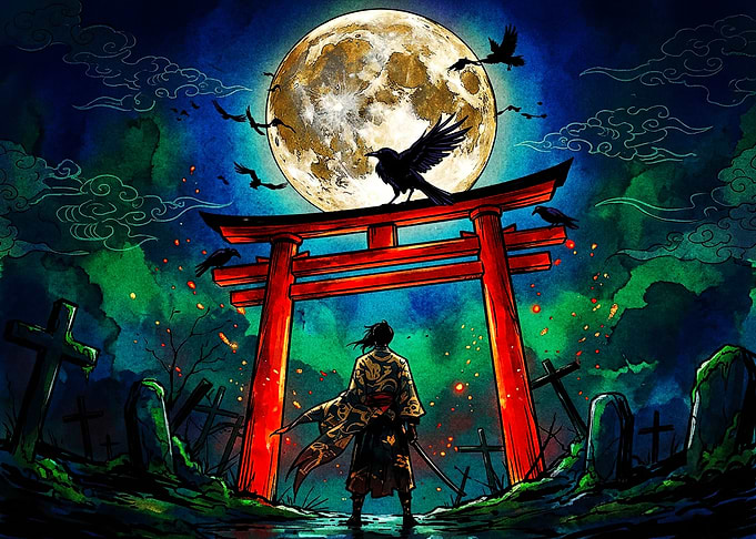 Samurai Before Torii Gate Under Moon