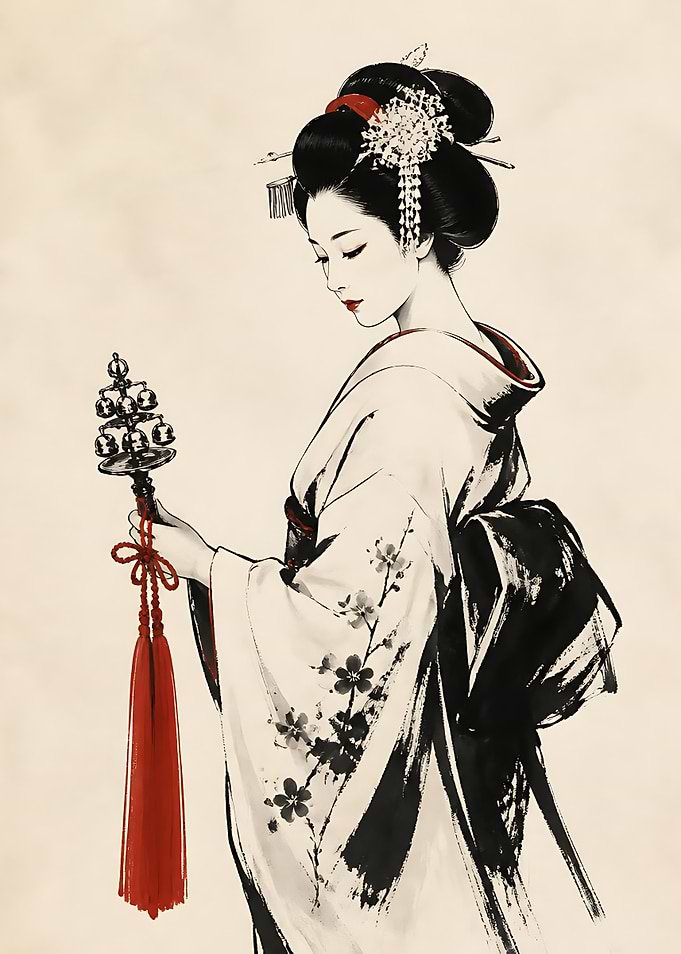 Elegant Geisha with Ritual Bell