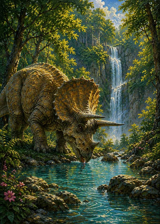 Triceratops Drinking at Forest Waterfall