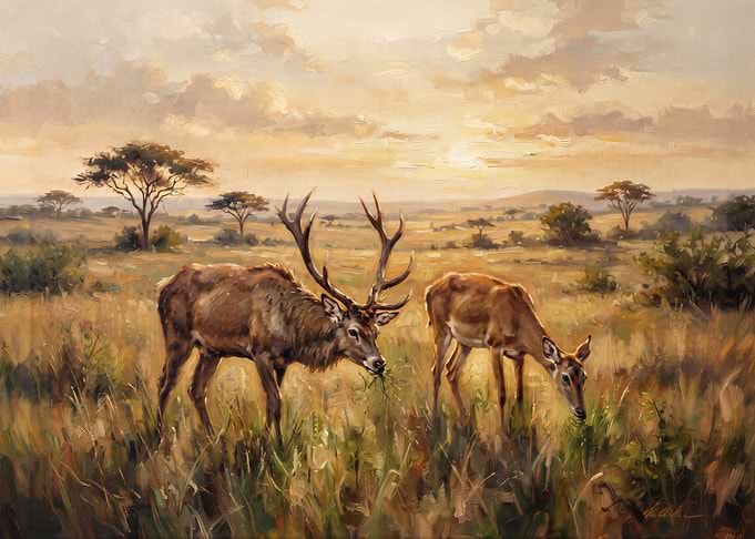 Deer Grazing in Golden Savannah