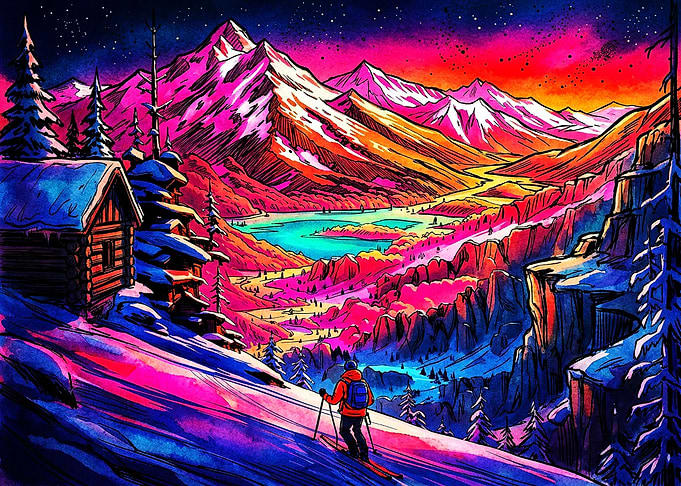 Vibrant Neon Mountain Skiing Landscape