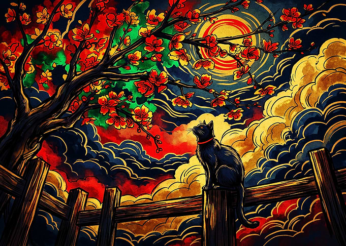 Black Cat Under Cherry Blossom Moon