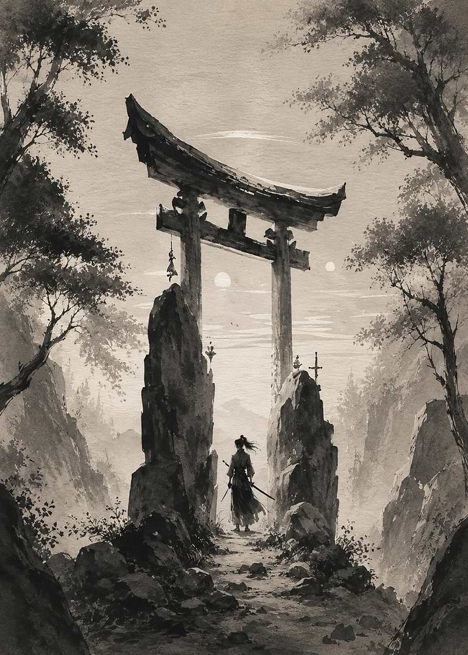 Samurai Standing Before Torii Gate