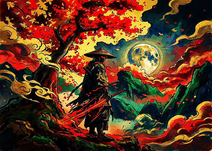 Samurai Standing Under Red Maple Tree