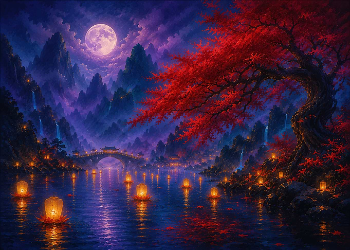 Enchanted Moonlit River with Floating Lanterns