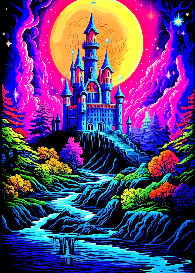 Neon Fantasy Castle Under Full Moon