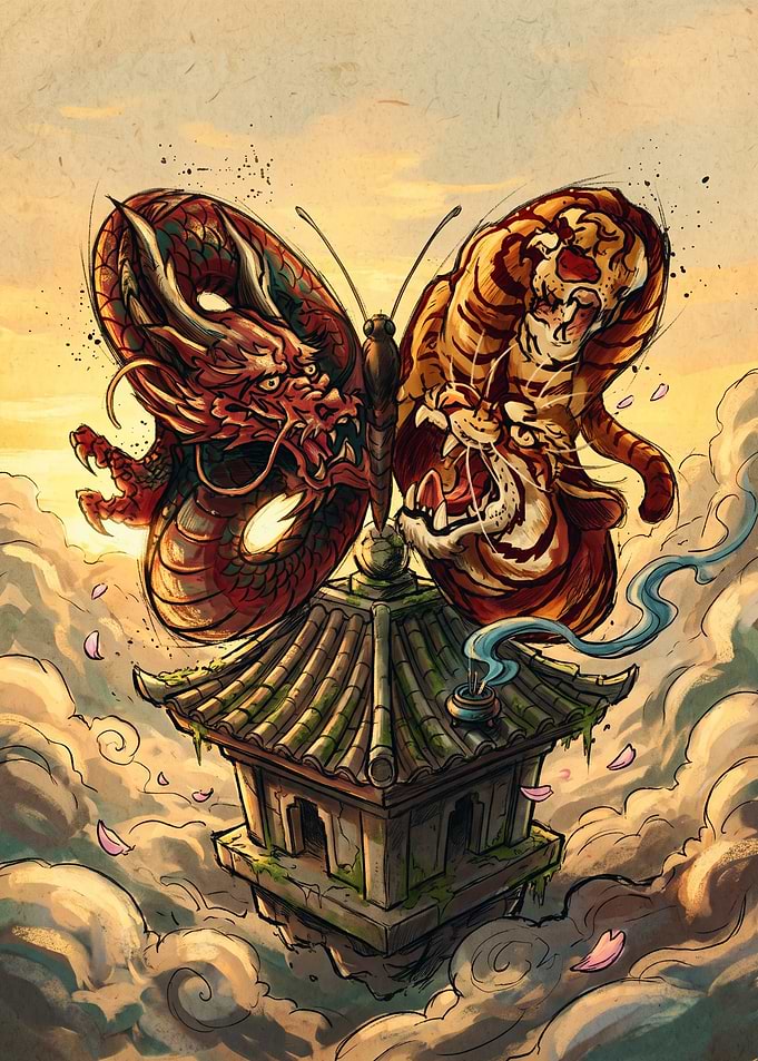 Dragon and Tiger Butterfly Illustration
