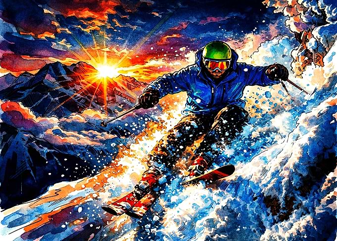Dynamic Watercolor Skier at Sunset