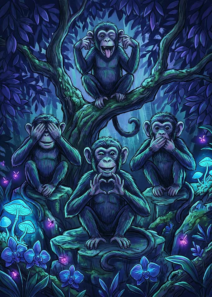 Four Wise Monkeys in Bioluminescent Forest